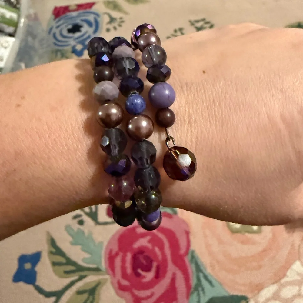 Purple Beaded Wrap Bracelet Multi Strand Coil Faux Pearl‎ Glass Crystal Charm